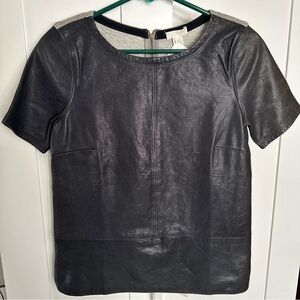 NWT J.CREW Black Leather Front & Sleeves Heather Gray Back Cotton Top Size XS